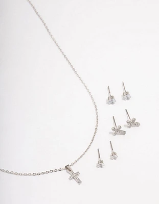 Rhodium Cross Necklace & Earring Jewellery Set