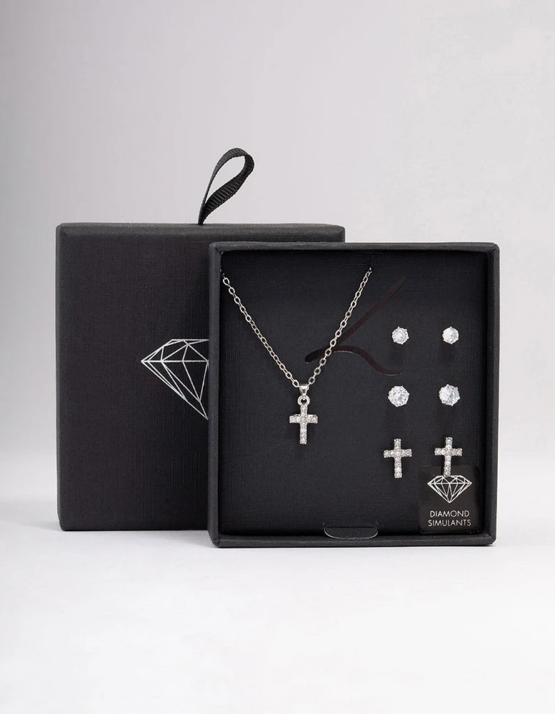 Rhodium Cross Necklace & Earring Jewellery Set