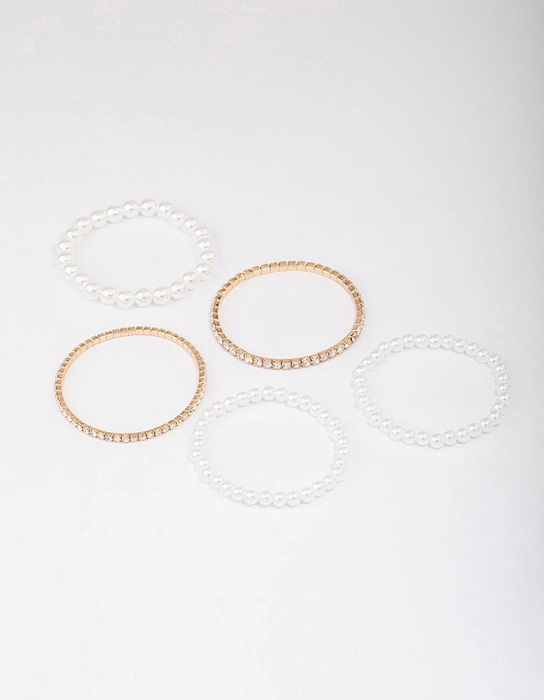 Gold Diamante & Pearl Mixed Bracelet 5-Pack