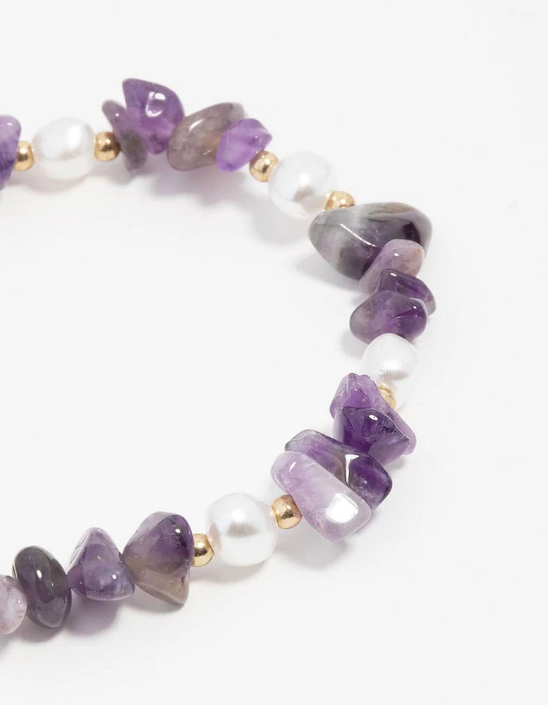 Amethyst Semi Precious Chip And Pearl Bracelet