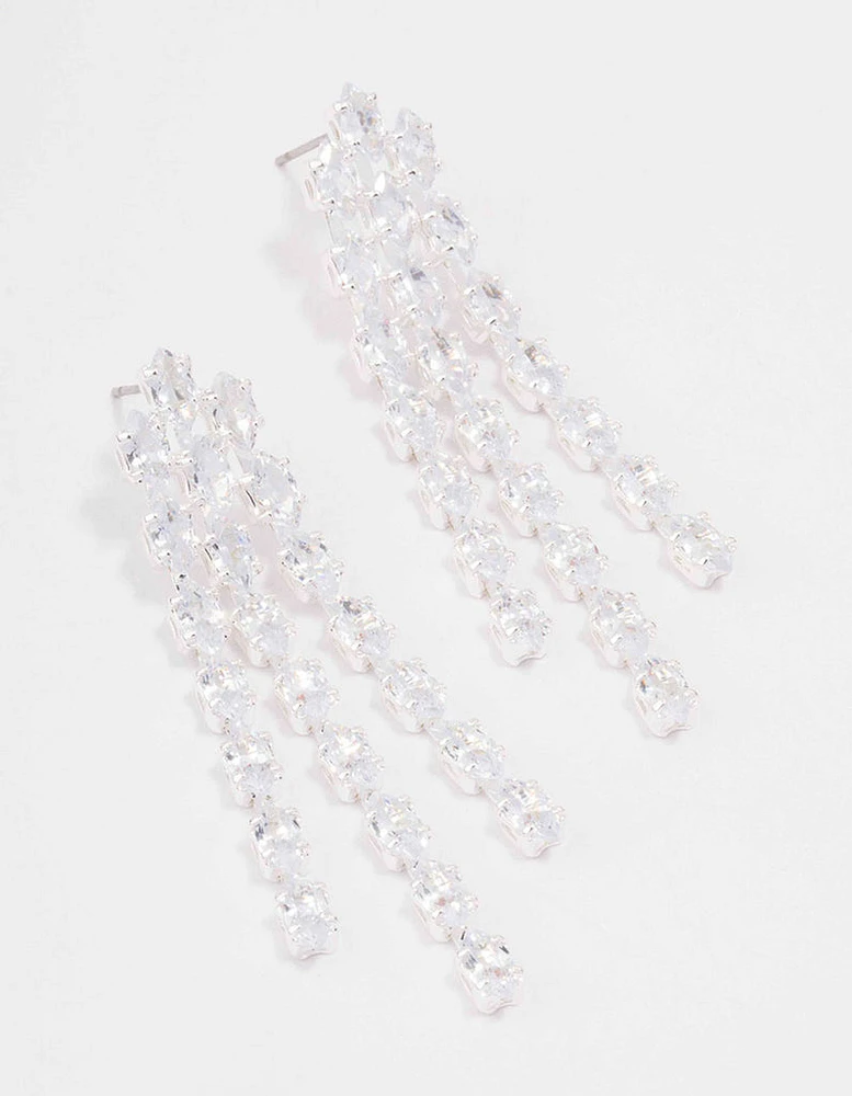Silver Triple Layer Cubic Zirconia Cupchain Drop Earrings