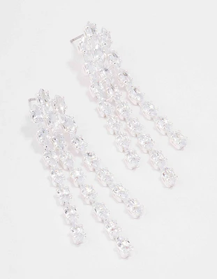 Silver Triple Layer Cubic Zirconia Cup Chain Drop Earrings