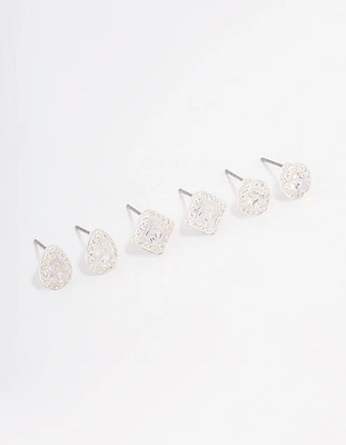 Silver Mixed Cubic Zirconia Stud Earring 3-Pack