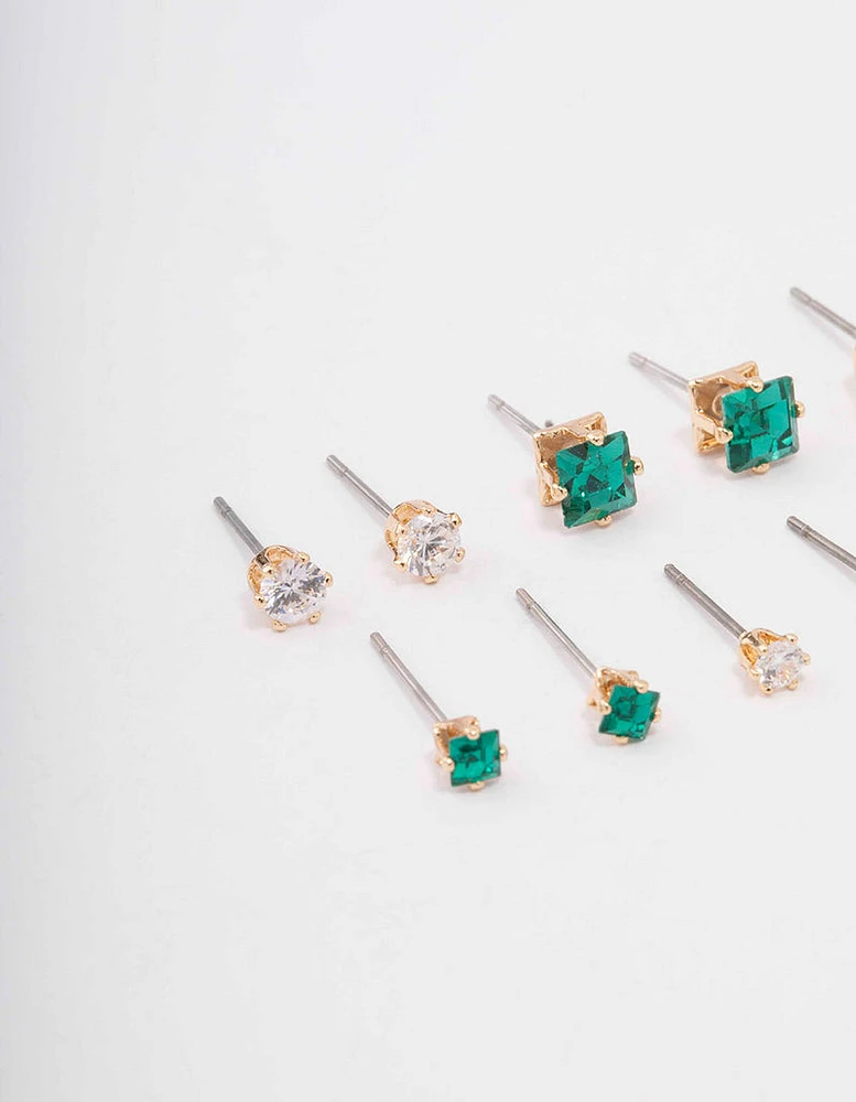 Gold Mixed Emerald Cubic Zirconia Stud Earring 6-Pack