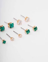 Gold Mixed Emerald Cubic Zirconia Stud Earring 6-Pack