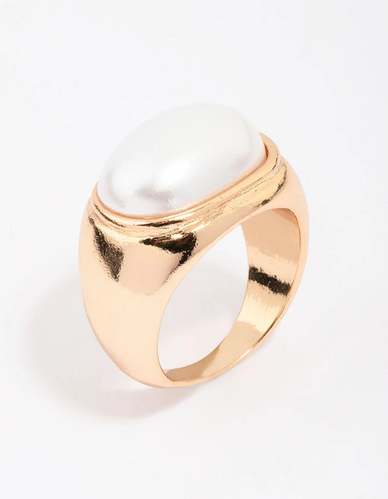 Gold Oval Pearl Chunky Cocktail Ring