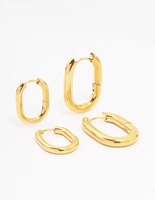 Gold Plated Stainless Steel Square Oval Hoop Earrings 2-Pack