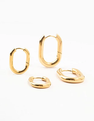 Waterproof Gold Plated Stainless Steel Square Oval Hoop Earrings 2-Pack