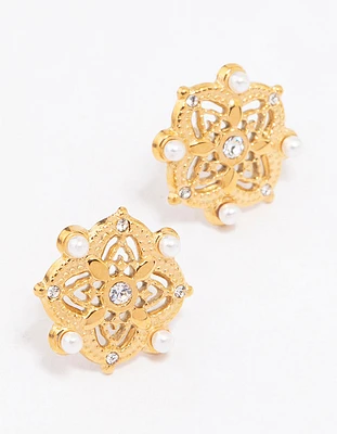 Waterproof Gold Plated Stainless Steel Diamante & Pearl Boho Stud Earrings