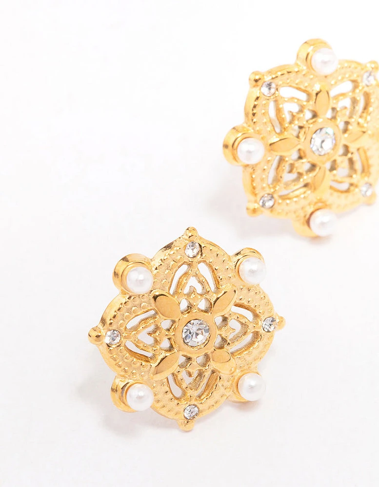 Gold Plated Stainless Steel Diamante & Pearl Boho Stud Earrings