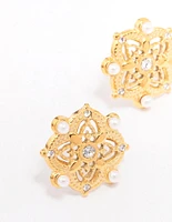 Gold Plated Stainless Steel Diamante & Pearl Boho Stud Earrings