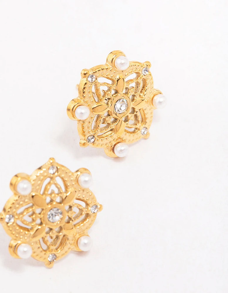 Gold Plated Stainless Steel Diamante & Pearl Boho Stud Earrings