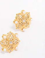 Gold Plated Stainless Steel Diamante & Pearl Boho Stud Earrings