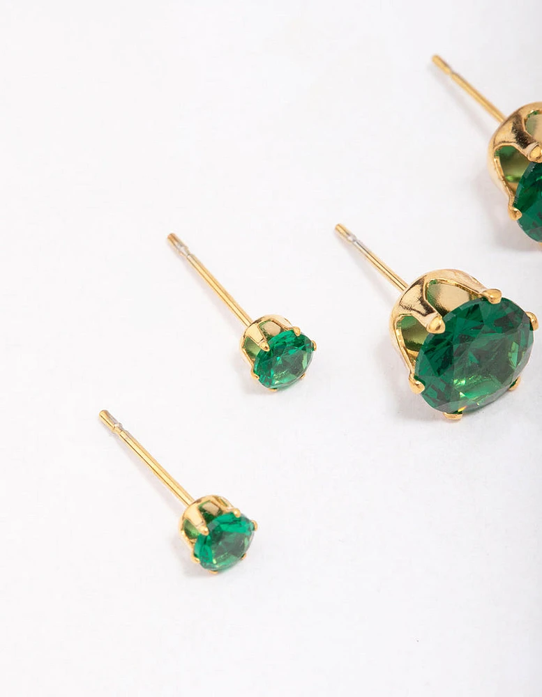 Gold Plated Stainless Steel Graduating Emerald Cubic Zirconia Earring 3-Pack