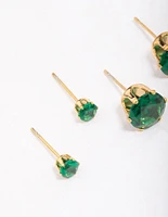 Gold Plated Stainless Steel Graduating Emerald Cubic Zirconia Earring 3-Pack