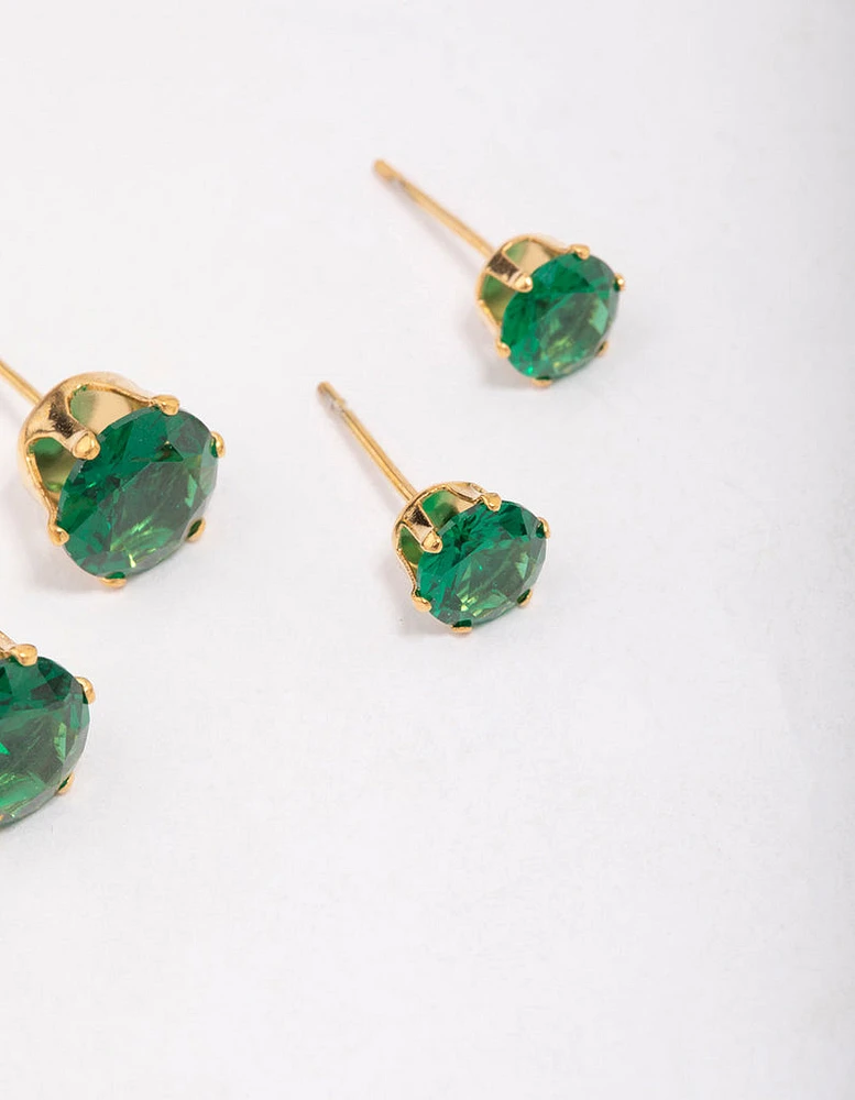 Gold Plated Stainless Steel Graduating Emerald Cubic Zirconia Earring 3-Pack