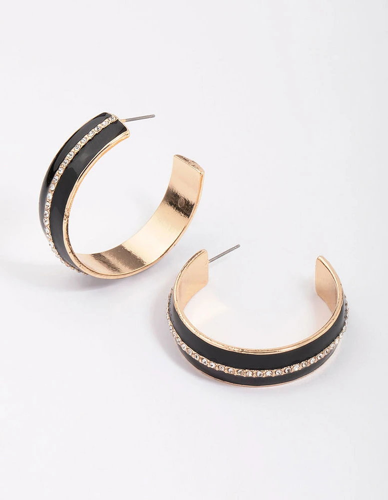 Gold & Black Small Diamante Hoop Earrings