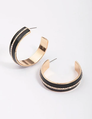 Gold & Black Small Diamante Hoop Earrings