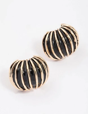 Gold & Black Ribbed Small Stud Earrings