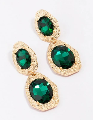 Gold Double Disc Emerald Drop Earrings