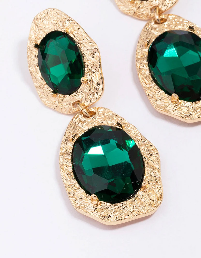 Gold Double Disc Emerald Drop Earrings