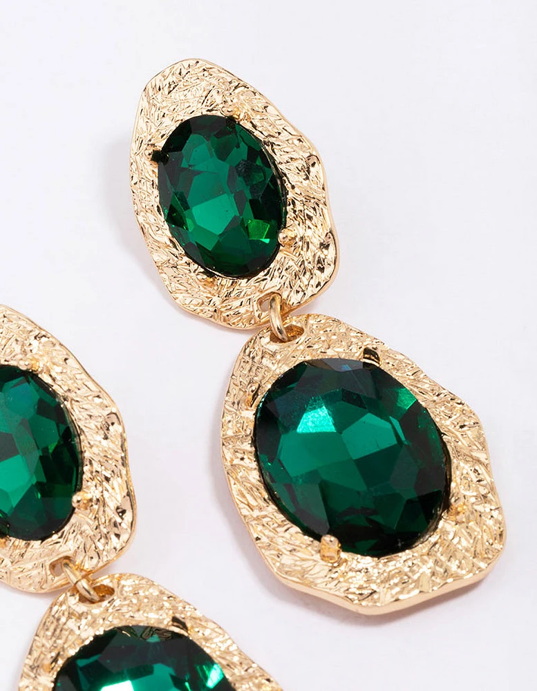 Gold Double Disc Emerald Drop Earrings