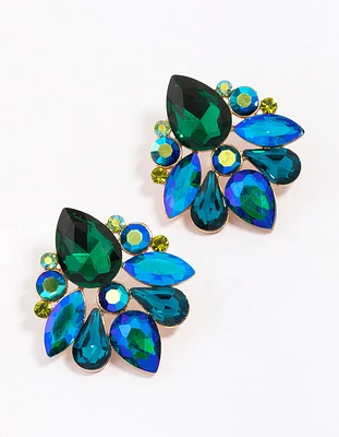 Gold Blue & Green Stones Statement Stud Earrings