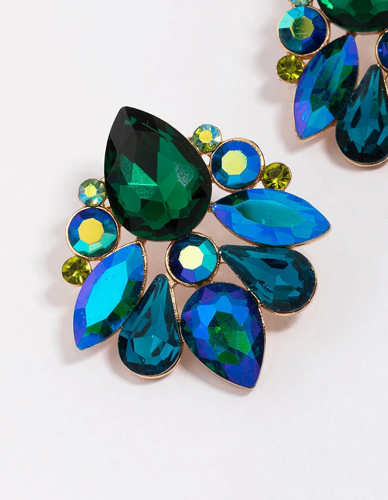 Gold Blue & Green Stones Statement Stud Earrings