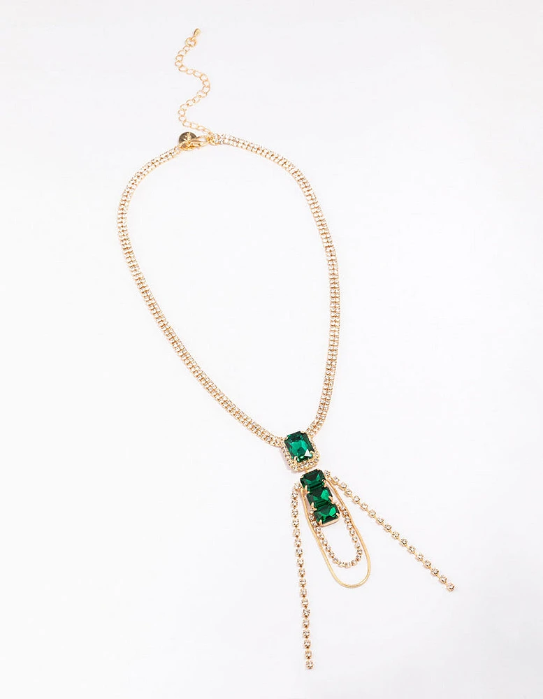 Gold Diamante & Emerald Stone Drop Necklace