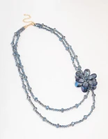 Blue Beaded Flower Layered Necklace