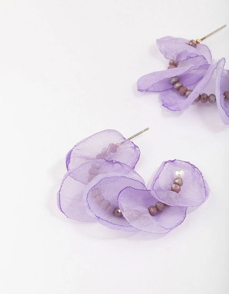 Gold Lilac Beaded Petal Hoop Earrings