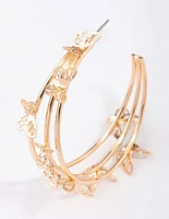 Gold Triple Row Butterfly Hoop Earrings