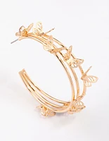 Gold Triple Row Butterfly Hoop Earrings