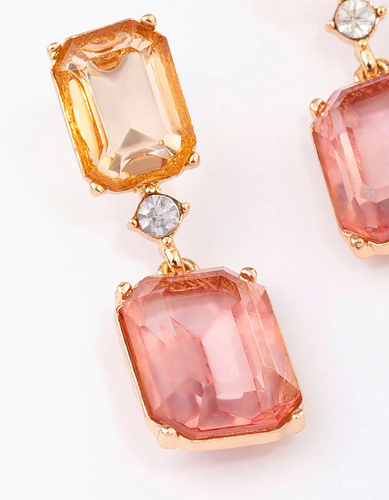 Gold Amber Square Stone Drop Earrings