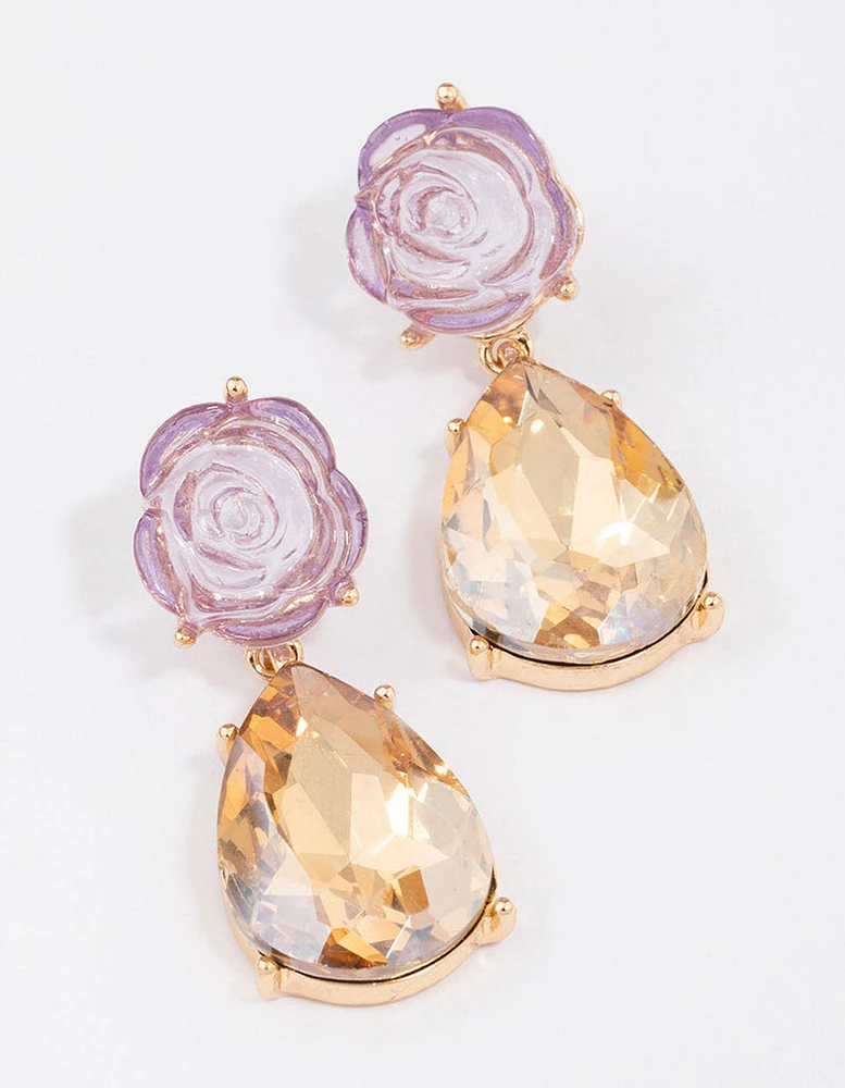 Gold Rose Stone Drop Earrings