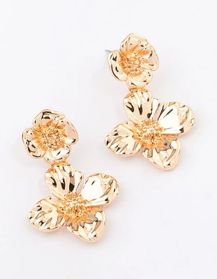 Gold Flat Flower Drop Earrings