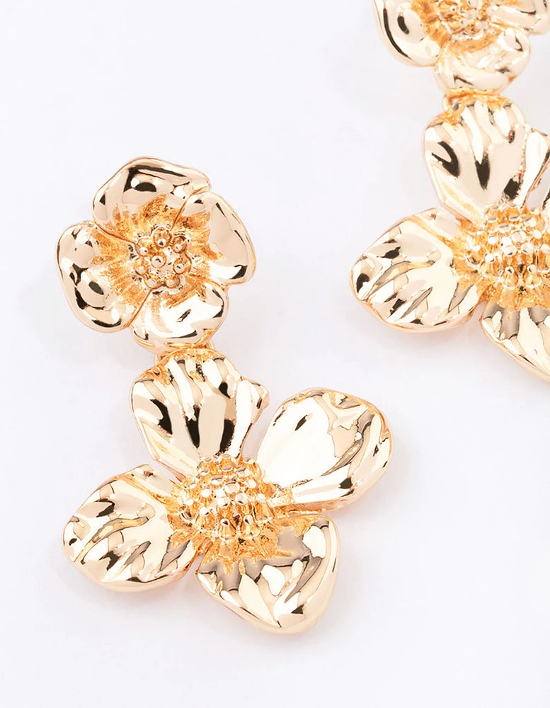 Gold Flat Flower Drop Earrings