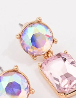 Gold Round & Rectangular Pink Drop Earrings