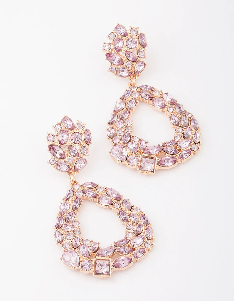 Gold Lilac Cluster Diamante Drop Earrings