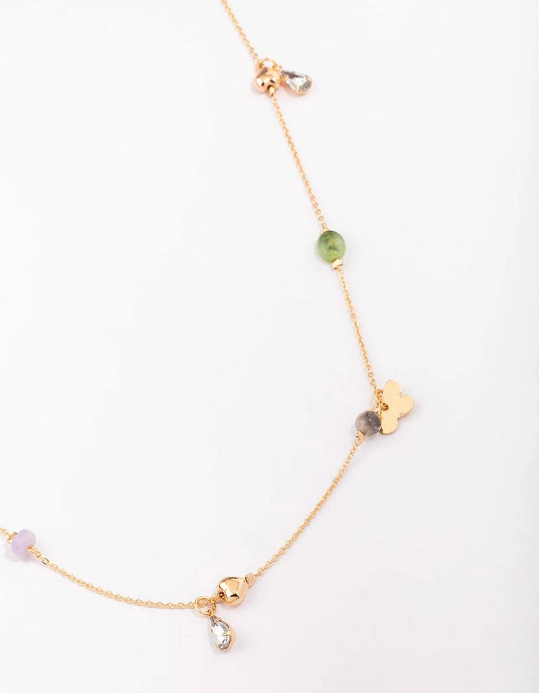 Gold Mixed Charm Long Chain Necklace