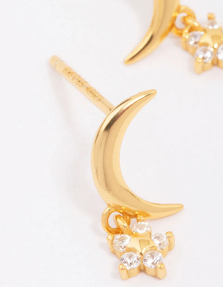 Gold Plated Sterling Silver Moon & Star Stud Earrings