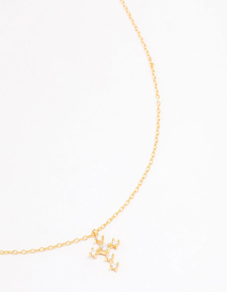 Gold Plated Sterling Silver Cubic Zirconia Round Cross Chain Necklace