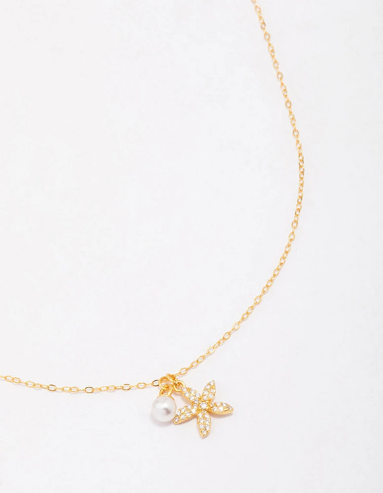 Gold Plated Sterling Silver Starfish Freshwater Pearl Chain Necklace