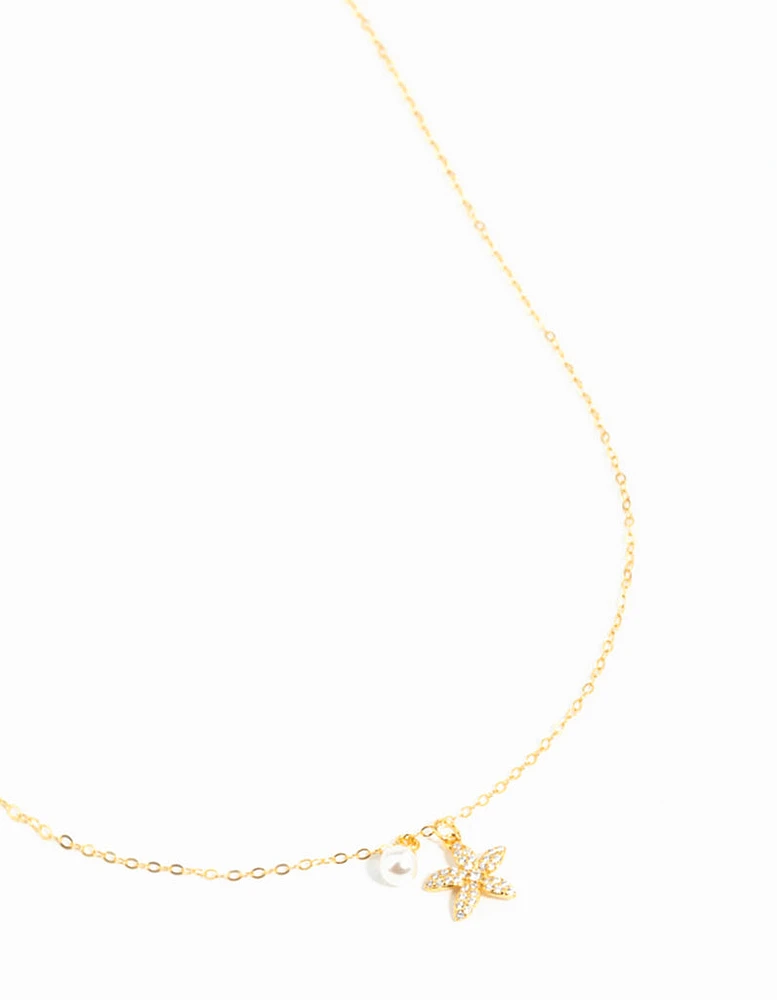 Gold Plated Sterling Silver Starfish Freshwater Pearl Chain Necklace