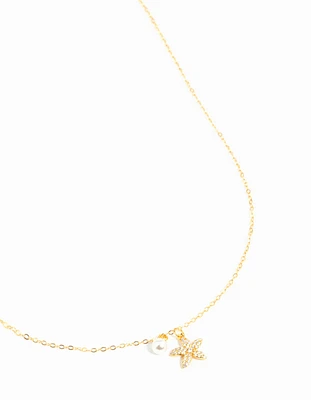 Gold Plated Sterling Silver Starfish Freshwater Pearl Chain Necklace