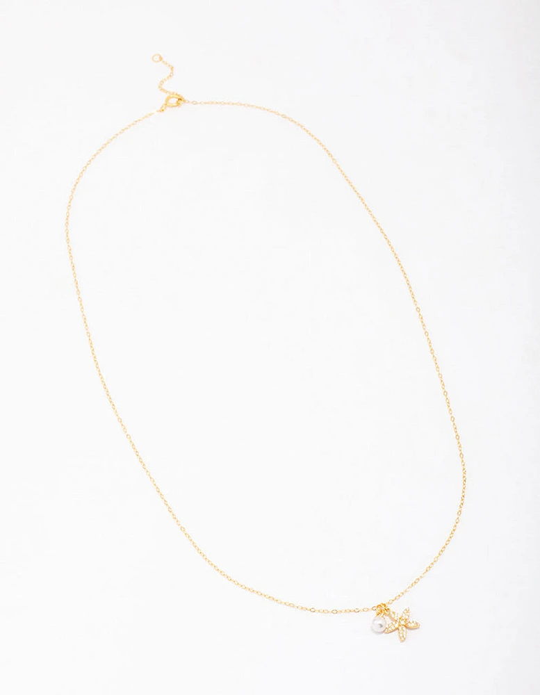 Gold Plated Sterling Silver Starfish Freshwater Pearl Chain Necklace