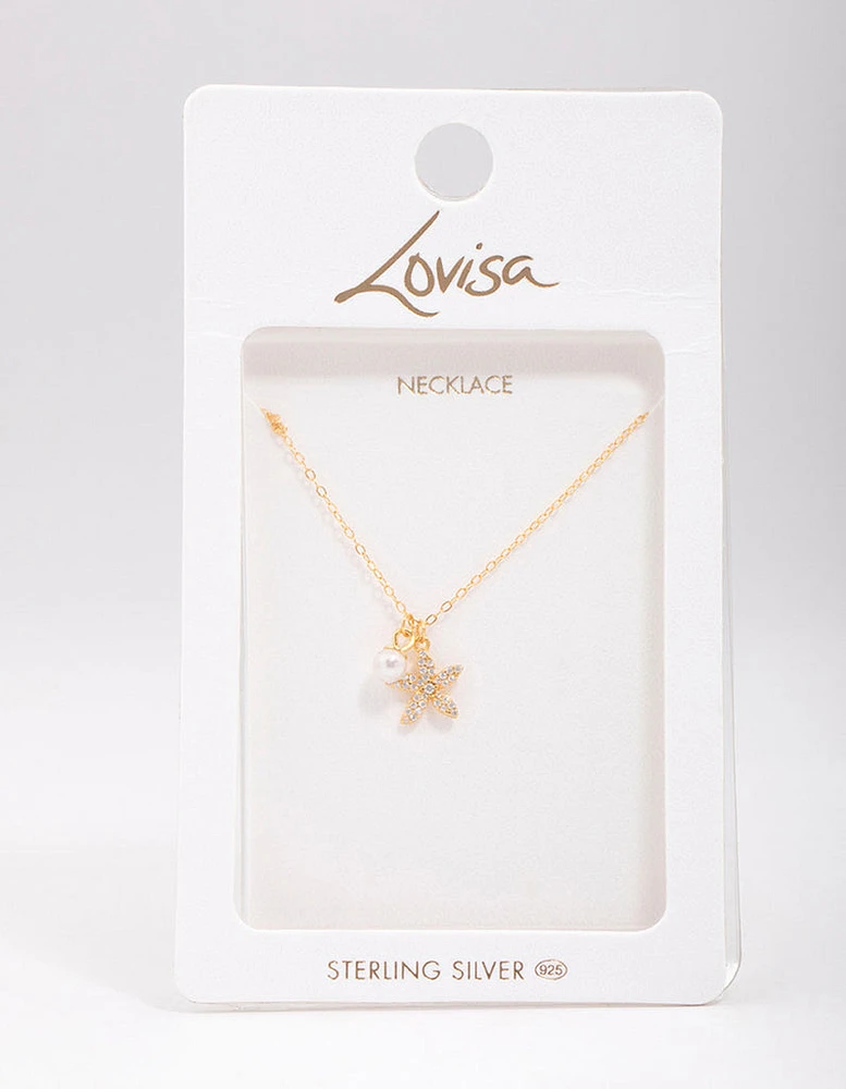 Gold Plated Sterling Silver Starfish Freshwater Pearl Chain Necklace