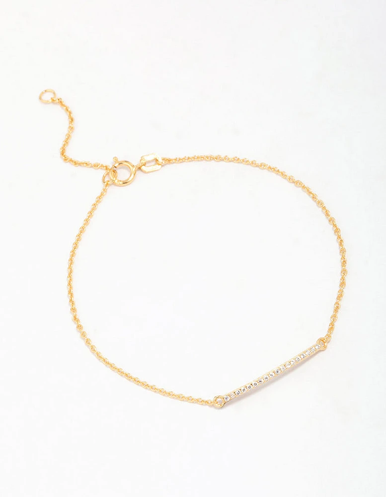 Gold Plated Sterling Silver Cubic Zirconia Fine Bar Chain Bracelet