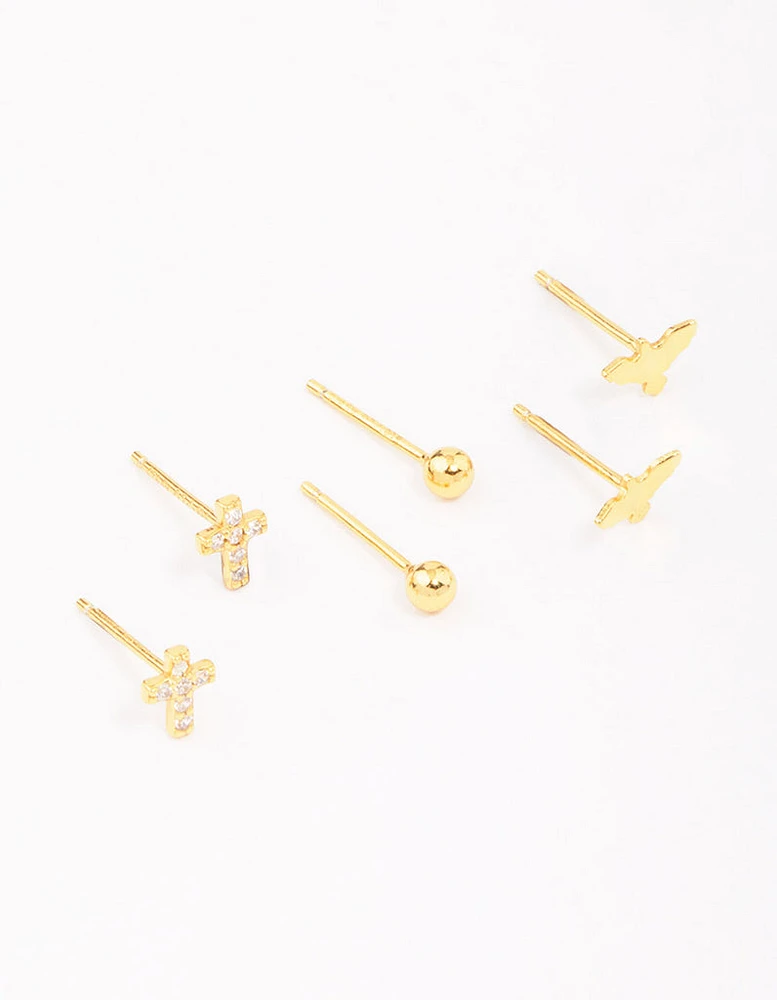 Gold Plated Sterling Silver Bird & Rose Stud Earring 3-Pack