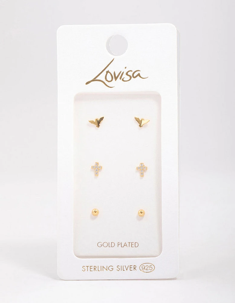 Gold Plated Sterling Silver Bird & Rose Stud Earring 3-Pack